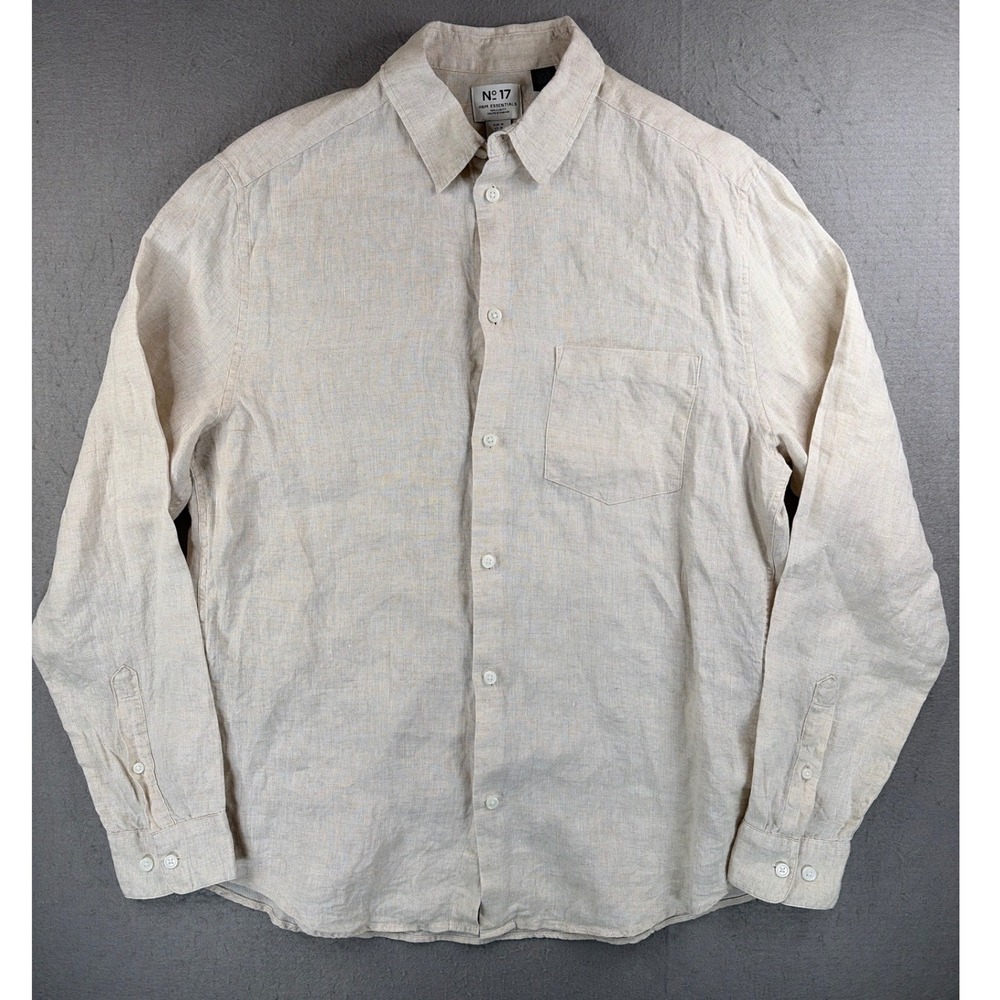 H&M Essentials No 17 Mens Regular Fit 100% Linen Button Down Shirt Beige Medium